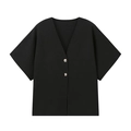 Chemise en tricot noire à manches courtes pour femmes avec col V et boutons argentés - XS / Noir