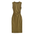 Olive green sleeveless midi dress with waist pleats and side slit for women - S / Olive Green