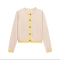 Cardigan tricoté femme beige et jaune à col rond avec détails de couleur contrastée - S / Beige