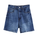 Pantalones cortos vaqueros azul oscuro de cintura alta para mujer con lavado y botón metálico - XS / Azul