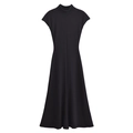 Sleeveless black mock neck A-line midi dress with vertical seam and slim fit silhouette - S / Black