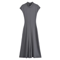 Slim fit dark grey knit midi dress with half-turtleneck and cap sleeves on white background - S / Gray
