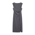 Ärmelloses dunkelgraues Midikleid mit plissiertem Rundhalsausschnitt und Seitenschlitz - XS / Grau