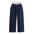 Women's wide leg denim trousers with gray elastic waistband in dark blue patchwork style - Bottoms