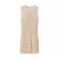 Robe courte en tricot sans manches beige avec col rond et ourlet à trois couches de franges - S / Milky blanc