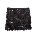 Close-up of black sequined mini skirt fabric showing shiny metallic texture and A-line cut - XS / Black