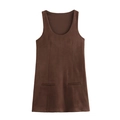 Retro dark brown faux suede sleeveless U-neck mini A-line dress with seam details - XS / Caramel color
