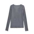 Dunkelgraues, schmal geschnittenes Langarm-Strickoberteil mit Kerbausschnitt für Damen - XS / Dunkelgrau