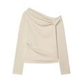 Detail of off-white long sleeve knitted top with asymmetric neckline and draped pleats - Beige Top