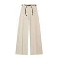 Beige asymmetric high waist wide leg trousers with a gold ring belt and textured fabric - Beige Pants