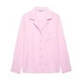 Detailed view of women's pink button-down shirt featuring a classic collar and chest pocket - XS / Pink Top