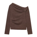 Brown long sleeve piqué knit asymmetric top with elegant pleated detail and ruching - Brown Top