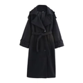 Klassischer schwarzer zweireihiger langer Wollmantel für Damen mit Gürtel und Epauletten - XS / Schwarz
