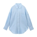Camicia minimalista in lino azzurro oversize con maniche lunghe e taschino frontale - XS / Blu