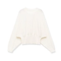Minimalistischer weißer Strickpullover mit Fledermausärmeln und breitem geripptem Taillenbund - S / Gebrochenes Weiß