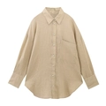 Camicia a maniche lunghe in misto lino color kaki chiaro con taschino e trama naturale - XS / Cachi