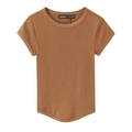 Bruin geribbeld T-shirt voor dames met klassieke ronde hals en modieuze ronde zoom - S / Bruin
