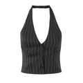 Close-up detail of black pinstripe halter vest featuring three matching front buttons - Black Stripe Vest