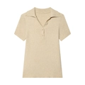Minimalistisches beigefarbenes Rippstrick-Poloshirt mit V-Ausschnitt und Knöpfen auf Weiß - S / Khaki