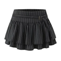 Detail of black and white striped tiered ruffle mini skirt with metal buckle belt detail - Black Stripe Skirt