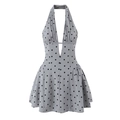 Light gray halter neck mini dress with black polka dots and deep V-neck design - S / Dresses / Grey Polka Dot