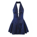 Mini robe dos nu bleu marine métallique avec décolleté en V profond et jupe plissée - S / Bleu foncé