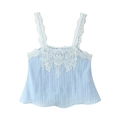 Light blue crinkled camisole with white lace straps and floral bodice trim on white background - XS / Tops / Light Blue