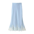 Elegant light blue A-line midi skirt with white floral lace trim on plain white background - XS / Bottoms / Light Blue