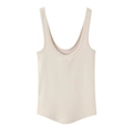 Slim fit beige ribbed cotton tank top with wide straps and a curved hem design - S / Apricot