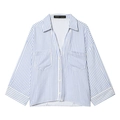 Camisa de rayas azules y blancas para mujer, corte holgado con bolsillos frontales grandes - XS / Azul