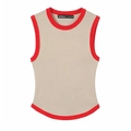 Sleeveless oatmeal knit vest for women with vibrant red contrast trim on edges - Khaki with Red Trim