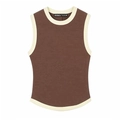 Women's slim fit chocolate brown tank top with contrast cream piping and curved hemline - Brown with Cream Trim