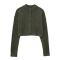 Dunkelgrüne Damen-Strickjacke kurz geschnitten mit Rundhals und Knöpfen - S / Olivgrün