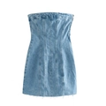 Vestido corto de mezclilla azul claro con corsé de hombros caídos y dobladillo - XS / Azul claro