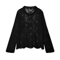 Schwarzer Damen-Langarm-Strickpullover mit geometrischem Diamant-Häkelmuster und Wellensaum - S / Schwarz