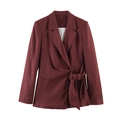Bordeauxrode linnenmix blazer voor dames met unieke striksluiting aan de zijkant en revers - XS / Blazers / Bordeauxrood