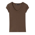 Slim fit brown short sleeve T-shirt with deep U-neck and ribbed knit texture for women - S / Dark Brown