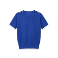 Suéter de punto azul brillante de manga corta con cuello redondo y botones dorados - S / Blanco