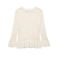 Elegante suéter de punto calado crema con cuello redondo y mangas acampanadas - S / Albaricoque