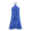 Elegante koningsblauwe halter maxi-jurk met stijlvolle zilveren ring bij de nek - XS / Blauw