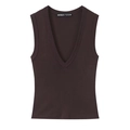 Detailed close-up of stitching on a dark brown slim-fit V-neck sleeveless top for women - S / Coffee