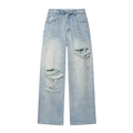 Street style light blue wide-leg jeans with distressed ripped detailing and cuffed hem - XS / Bottoms / Mid Waist Light Blue Distressed Style