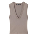 Women sleeveless V-neck tank top in taupe brown with comfortable ribbed knit fabric - S / Khaki