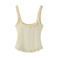 Top ajustado beige de canalé con detalle de encaje en el escote y el dobladillo - S / Amarillo