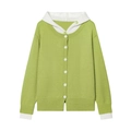 Cardigan in maglia verde erba da donna con cappuccio bianco finto due pezzi - S / Verde