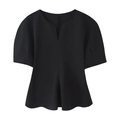 Schwarzes Damen-Oberteil mit ausgestelltem Saum, Puffärmeln und eingekerbtem V-Ausschnitt - XS / Schwarz