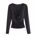 Zwarte top met lange mouwen, elegante gedrapeerde halslijn en geplooide taille - S / Zwart