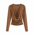 Bruine top met lange mouwen, gedrapeerde halslijn en geplooide taille voor dames - S / camel