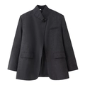 Dunkelgrauer minimalistischer Stehkragenblazer mit Einzelknopf und Karo-Textur - S / Grau
