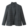 Damen-Karo-Blazer mit Stehkragen, dunkelgrauem Karomuster und einfachem Knopfverschluss - S / Grau Kariert